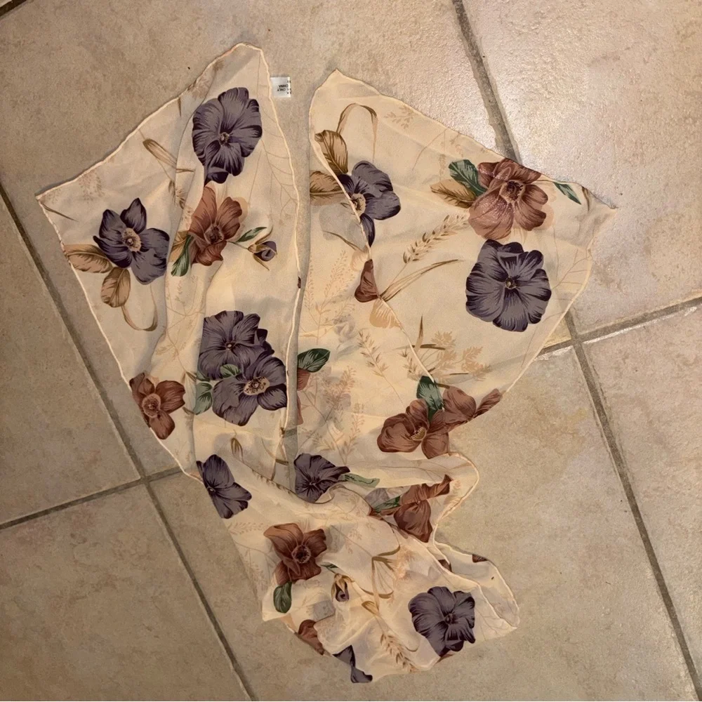 Vintage 90s Y2K Floral Print 100% Silk Sheer Scarf Ivory Purple